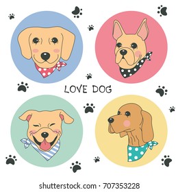 Hand drawn vector dog cute cartoon design set, dog vector illustration, bulldog, french bulldog, Boxer, Pug, Golden Retriever