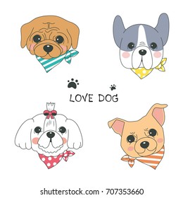 Hand drawn vector dog cute cartoon design set  dog vector illustration  bulldog  french bulldog  Boxer  Pug  Shih Tzu  Chihuahua