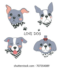 Hand Drawn Vector Dog Cute Cartoon Design Set, Dog Vector Illustration, Bulldog, French Bulldog, Boxer, Pug, Shih Tzu, Staff Bull Terrier.