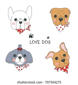 Hand drawn vector dog cute cartoon design set, dog vector illustration, bulldog, french bulldog, Boxer, Pug, Shih Tzu