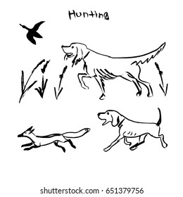 Hand Drawn Vector Dogs Set, Hunting Dogs. Ink Illustration. Grunge Style. Sketches.