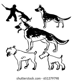 Hand Drawn Vector Dogs Set, Police dogs. Ink Illustration. Grunge Style. Sketches.