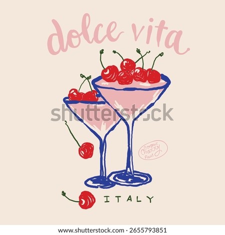 Hand drawn vector dolce vita illustration. cherry print design. Art for t shirt design, women's fashion, greeting cards, wedding invitations, postcards, branding, logo design. Matisse style 