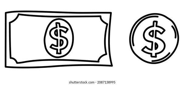 Hand drawn vector dollar bill and coin in doodle style, isolated on white background.