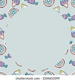 Hand Drawn Vector donuts, candy, ice cream, stars, lollipops. Seamless border. For textile, wallpaper, covers, surface, print, gift wrap, scrapbooking, decoupage.
