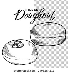 Hand drawn vector donuts with fruit filling. Round doughnuts fresh out of the oven! Easy to edit and use vector food assets. Black outline, no fill, with fine details. 