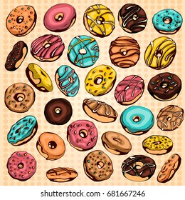 Hand drawn vector donuts set. Glazed and colored donuts in several foreshortening.
