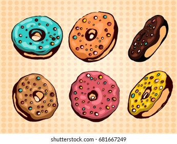 Hand drawn vector donuts set. Glazed and colored donuts in several foreshortening.
