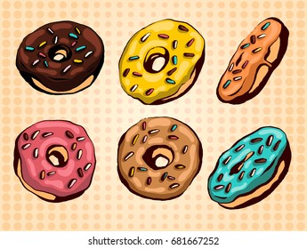 Hand drawn vector donuts set. Glazed and colored donuts in several foreshortening.
