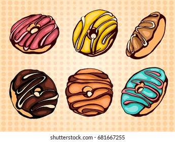 Hand drawn vector donuts set. Glazed and colored donuts in several foreshortening.
