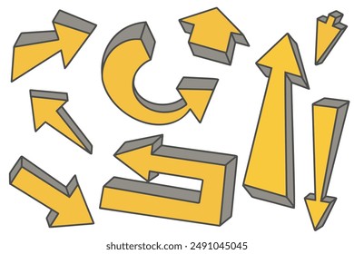 Hand drawn vector doodle arrows set. Pencil line yellow sketch on white background. Curve design elements. Outline sign of cursor. Graphic vintage marks and bold silhouettes.