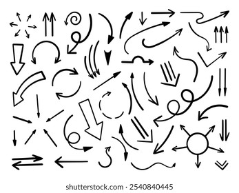 Setas de doodle de vetor desenhadas à mão definidas. Diferentes tipos de setas em estilo simples