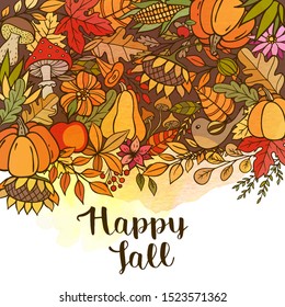 Hand drawn vector doodle autumn background with pumpkins, leaves and mushrooms