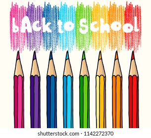 Hand drawn vector doodle Back to School words with strokes and multicolor pencils isolated over white background.