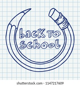 Hand drawn vector doodle Back to School outline words in a circle bended pencil frame over chequered notebook page background.