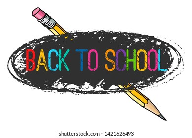 Hand drawn vector doodle Back to School multicolor words and a pencil over freeform oval black strokes frame isolated over white background.