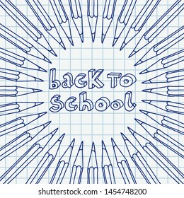 Hand drawn vector doodle Back to School words in round pencils frame over chequered notebook page background.