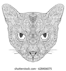 Hand drawn vector doodle cat. sketch for adult antistress coloring page, tattoo, poster, print, t-shirt
