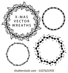 Hand drawn vector doodle Christmas wreath collection for Holiday cards and decor.