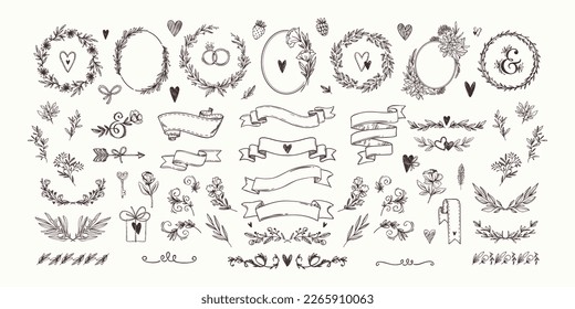 Hand drawn vector doodle collection. Set of plant elements,  ribbons, frames, swirls. Hand sketched vector vintage elements (leaves and flowers) for design, wedding decorations, packaging, card