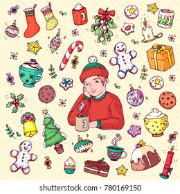 Hand drawn vector doodle collection of Christmas theme icons, colored on warm pattern