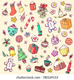 Hand drawn vector doodle collection of christmas theme icons, colored on warm pattern