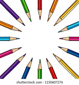 Hand drawn vector doodle color pencils circle blank frame. Art and drawing multicolor stationary border isolated over white.