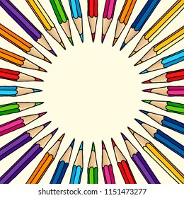 Hand drawn vector doodle color pencils blank round frame. Art and drawing multicolor stationary border isolated.
