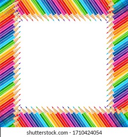 Hand drawn vector doodle color pencils blank frame. Art and drawing multicolor crayon stationary border isolated over white.