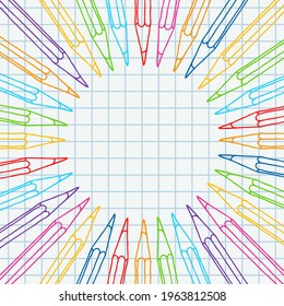Hand drawn vector doodle color pencils blank frame. Art and drawing multicolor crayon stationary border over chequered notebook page.