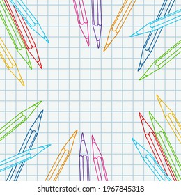 Hand drawn vector doodle color pencils blank frame. Art and drawing multicolor crayon stationary border over chequered notebook page.