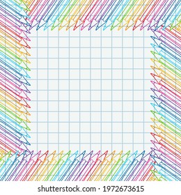 Hand drawn vector doodle color pencils blank frame. Art and drawing multicolor crayon stationary border over chequered notebook page.
