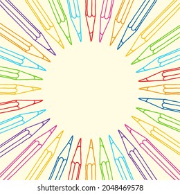 Hand drawn vector doodle color pencils blank frame. Art and drawing multicolor crayon stationary border isolated over beige.