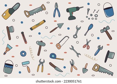 Hand drawn vector doodle colorful tools set. Includes home and garden repair tools. Background with doodle elements for painting and building.