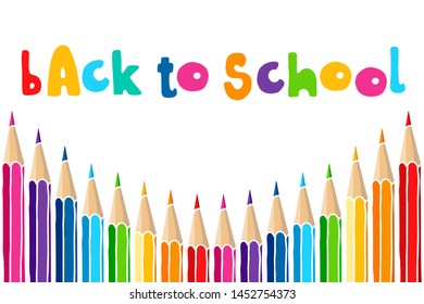 Hand drawn vector doodle comic Back to School words and multicolor crayon pencils isolated over white background. Education greetings illustration.