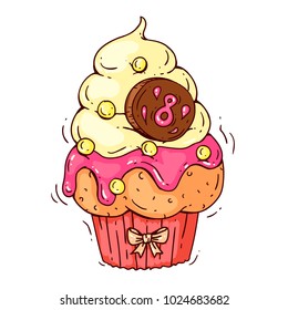 A hand drawn vector doodle of a cupcake for 8 march celebration, colorful on white background