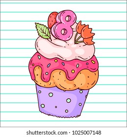 A hand drawn vector doodle of a cupcake for 8 march celebration, colorful on striped background