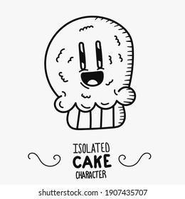 Atractivo de doodle de vector dibujado a mano aislado sobre fondo blanco. Carácter retro de muffin con cara adorable feliz, plantilla para la plantilla del logo de la panadería. Esbozo de quequitos dulces para celebrar y cumpleaños
