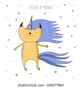 Hand drawn vector doodle of cute funny unicorn cat flying among the stars, with text. Isolated objects on white background. Design concept for children - postcard, t-shirt, mug or bag print.