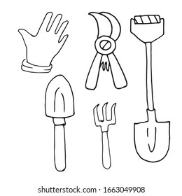 Hand drawn vector doodle decorative gardening tools illustration. Black outlines Isolated on white background.  Spring holiday design element. Decorative element for design, printed materials.

