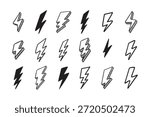 Hand drawn vector doodle electric lightning bolt set. Lightning symbol sketch symbol doodle icon. Vector illustration
