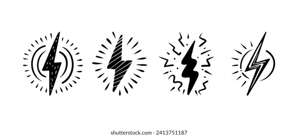 Esbozo de símbolo de rayo eléctrico con doodle de vector dibujado a mano. thunder, ilustración vectorial