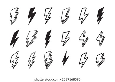 Hand drawn vector doodle electric lightning bolt set. Lightning symbol sketch symbol doodle icon. Vector illustration
