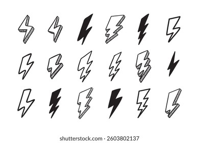 Hand drawn vector doodle electric lightning bolt set. Lightning symbol sketch symbol doodle icon. Vector illustration