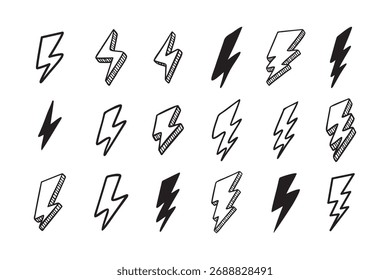 Hand drawn vector doodle electric lightning bolt set. Lightning symbol sketch symbol doodle icon. Vector illustration