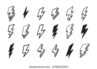Vetor desenhado à mão rabiscar conjunto de relâmpagos elétricos. Ícone de rabiscar símbolo de esboço de símbolo de raio. Ilustração vetorial