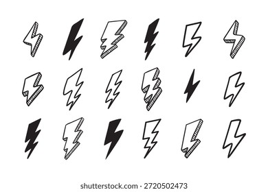 Handgezeichnete Vektor Doodle elektrischen Blitz Blitz Set. Blitzsymbol Skizze Symbol doodle Symbol. Vektorgrafik