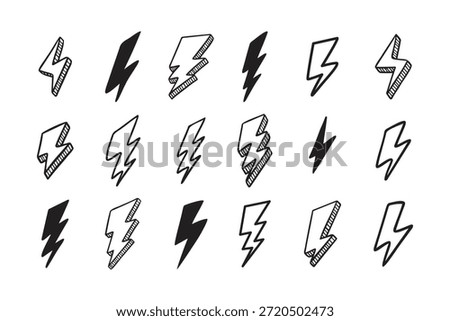 Hand drawn vector doodle electric lightning bolt set. Lightning symbol sketch symbol doodle icon. Vector illustration