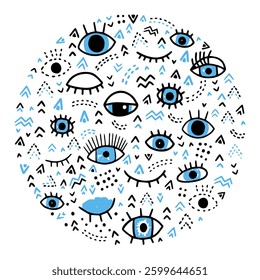 Hand drawn vector doodle evil eye circle design with geometric shapes, Greek talisman protection symbol charm illustration in grungy decorative ethnic style