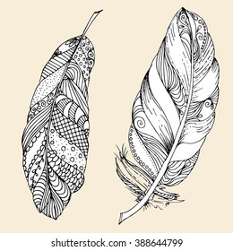 Hand drawn vector doodle Feathers. sketch for adult antistress coloring page, tattoo, poster, print, t-shirt, invitation, cards, banners, flyers, calendars